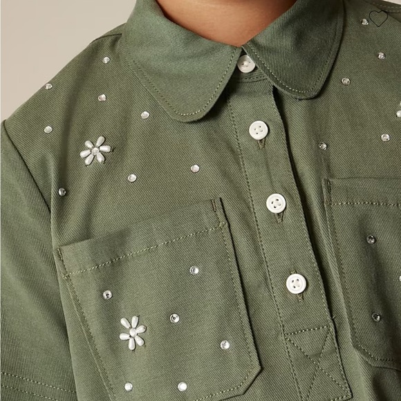 J crew Girls' flower-embellished shirtdress in twill midnight moss - Picture 2 of 5